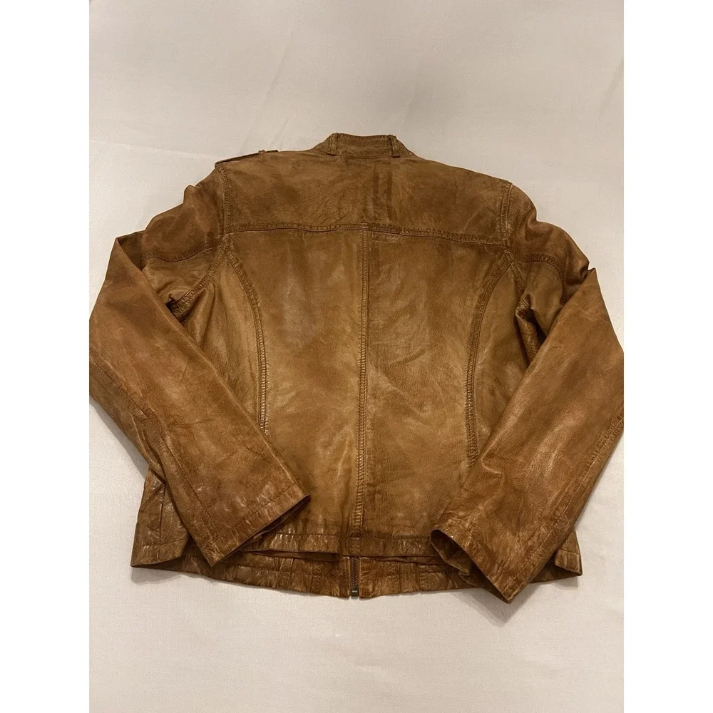 MICHAEL KORS Leather Moto Jacket Cafe Racer Zipped Sleeve Pocket Cognac Brown Lg